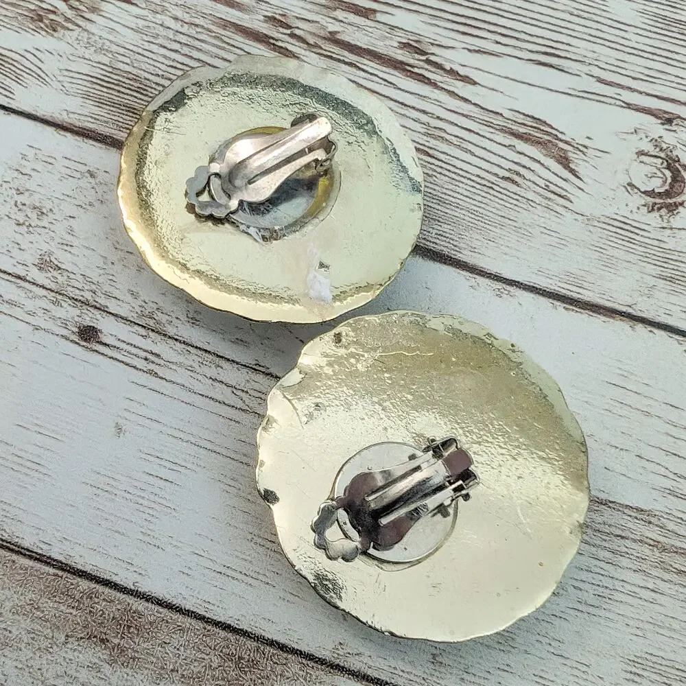Vintage Clip On Earrings - Large Statement Redish with Gold Tone Halo